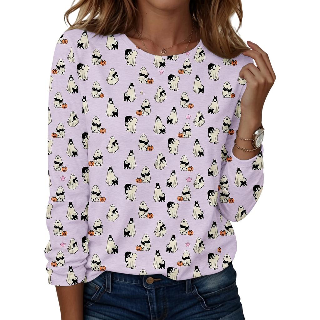 Women's Casual Long Sleeve Round Neck Top with Halloween Print for Party