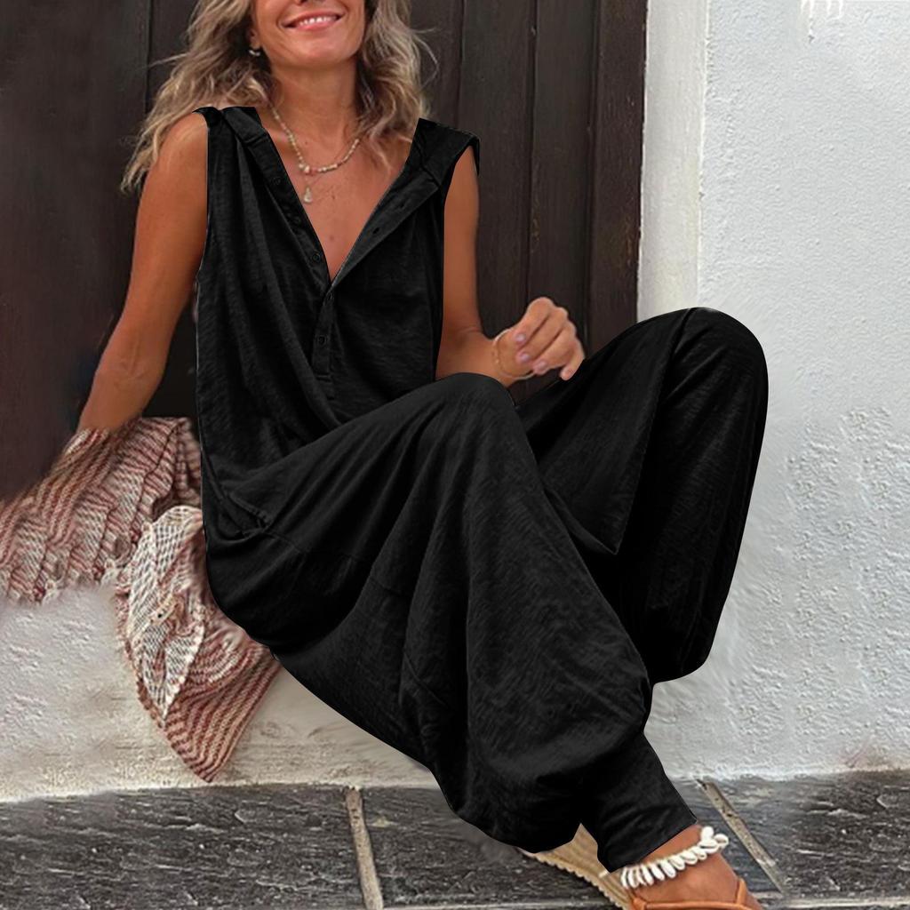 2025 Damenmode Ärmelloser Kapuzen-Jumpsuit mit langen Harems-Hosen