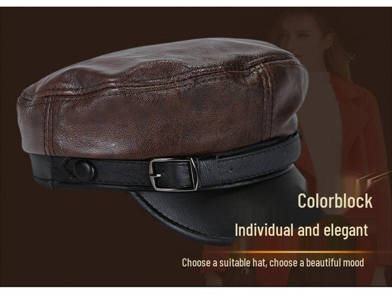 Korean Style Genuine Leather Duckbill Cap for Men & Women - Autumn/Winter Flat Top Military Biker Cap