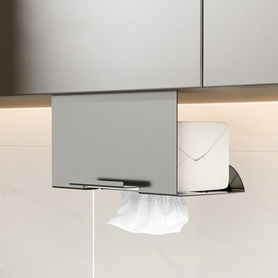 under Cabinet Paper Towel Holder Space Saving Tissue Box Holder No Drilling Tissue Dispenser with Mobile Phone Holder for Kitchen