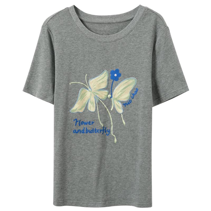 

Sancai Plus Size Butterfly Embroidered Short Sleeve Cotton T-Shirt XL