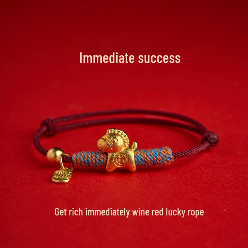 

Golden Sand Horse Wealth Fortune Red String Bracelet - Zodiac Year of the Horse Woven Hand Rope, New Year Gift for Women