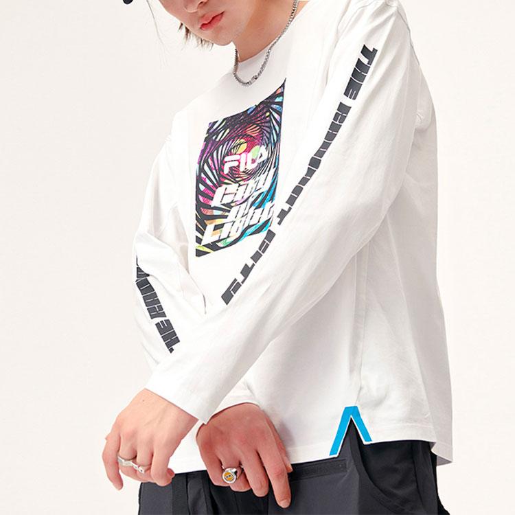 Fila Fusion Streetwear Logo Japanese Style Casual National Trend Color Transfer Print Loose Knit Long Sleeve T-Shirt Unisex Tops White T11U136201F-WT