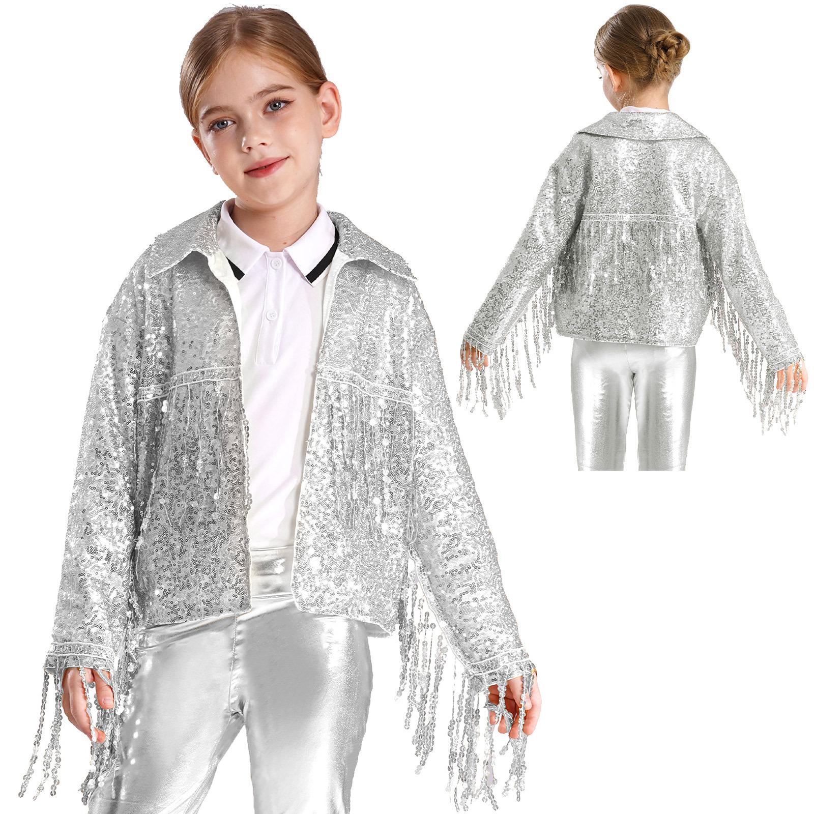 

Костюм для девочек в стиле диско, жакеты с пайетками и бахромой, одежда для джаз-стрит, кардиган с открытым передом для вечеринки в стиле рейв 5-6 Years