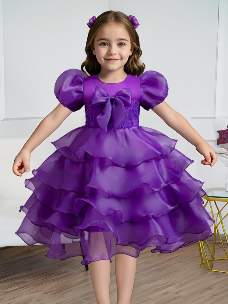 Girls Cake Dresses Bow Bubble Sleeve Princess Dress Walking Performance Halloween Flower Girl Party Dresses Dresses 8622  Girl's Favourite Dress
