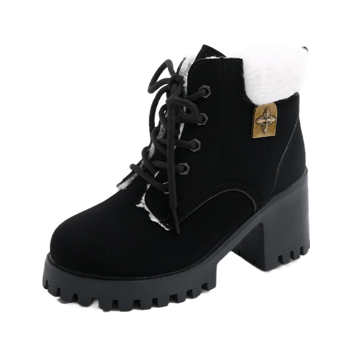 

Plus Size Block Heel Booties Women s Fall/Winter New Round Toe Lace-up Platform Non-Slip High-Heeled Cotton Shoes 42