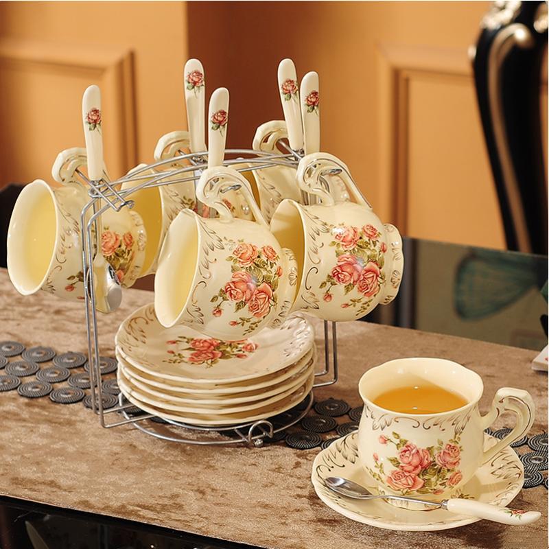 Rice Gold Rose Tea Set 800ml Bone China Teapot Coffee Cup Saucer Set Afternoon Tea Cup 225ml Drink Cup Kitchen Bar Supplies