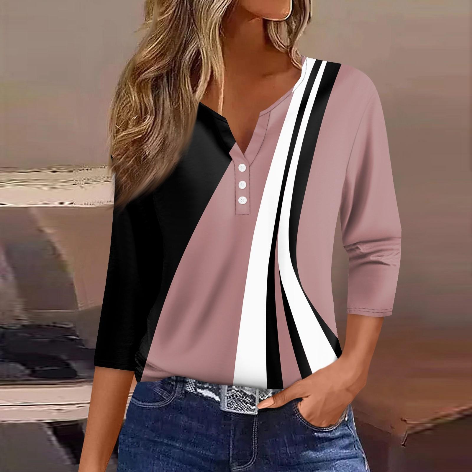 

Жен. Футболка Футболка С принтом Пуговицы Рукав 3/4 Повседневные Выходные Мода Классический Классический V-образный вырез Обычный Верх L розовый