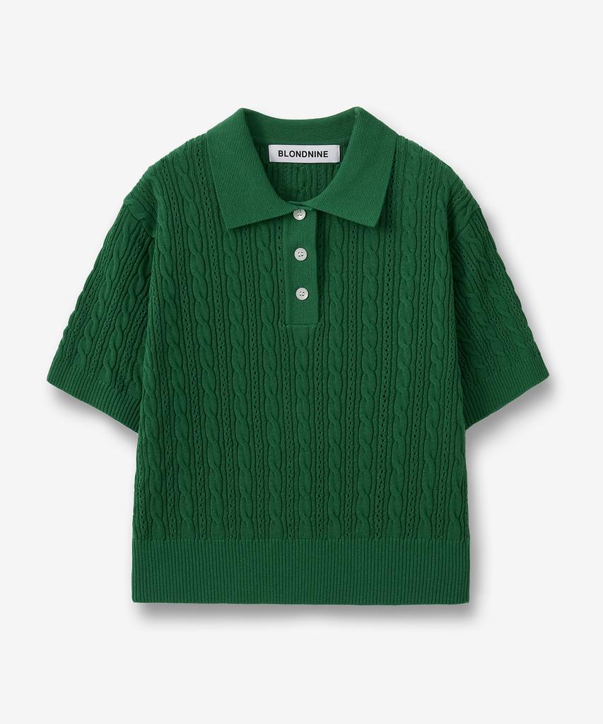 BLOND9 Jersey Corto de Punto Trenzado con Cuello Manga Corta_Verde Bosque