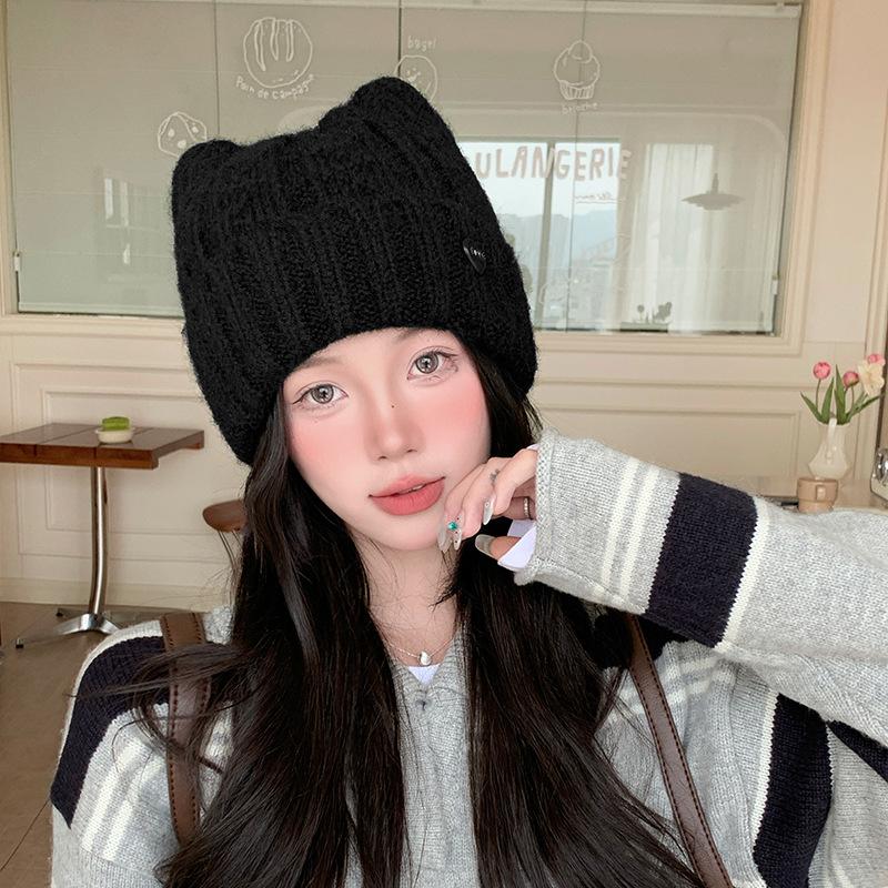 Cute Cat Ears Woolen Hat for Women Autumn and Winter Outdoor Anti Cold Hat Plus Velvet Thickened Warm Ear Protection Knitted Hat