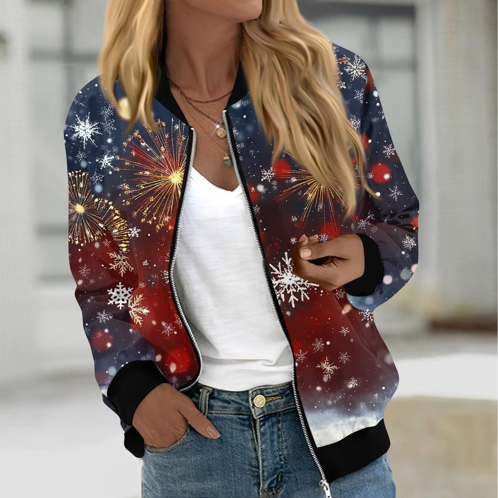 

Куртки женские с длинным рукавом, легкие, на молнии, укороченные, модные, с рождественским принтом, верхняя одежда, повседневные, стеганые куртки с карманами XXL