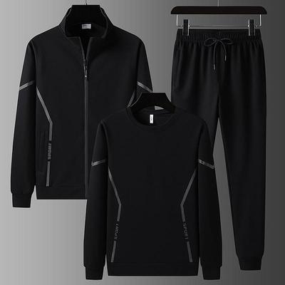 Herren Übergröße Baumwoll Sportbekleidungsset: Stehkragenjacke & Rundhals-Sweatshirt, Zwei- oder Dreiteiliges Freizeitset