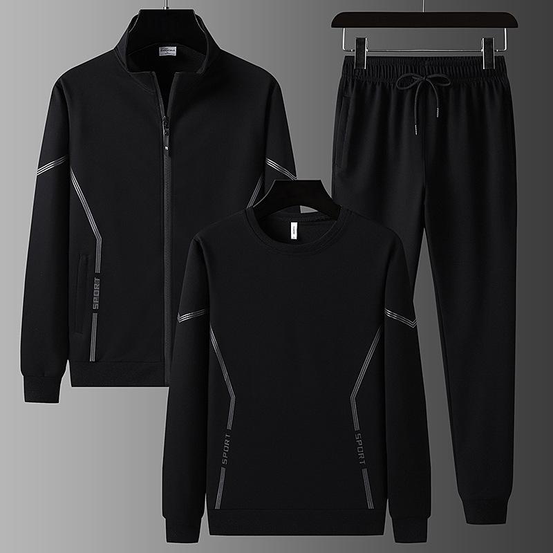Men's Plus Size Cotton Sportswear Set: Stand Collar Jacket & Crew Neck Sweatshirt, Two or Three Piece Casual Set