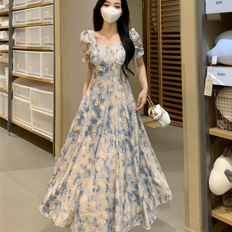 Large size women's summer fat mm retro French long skirt vacation style square collar blue oil painting knee floral dress