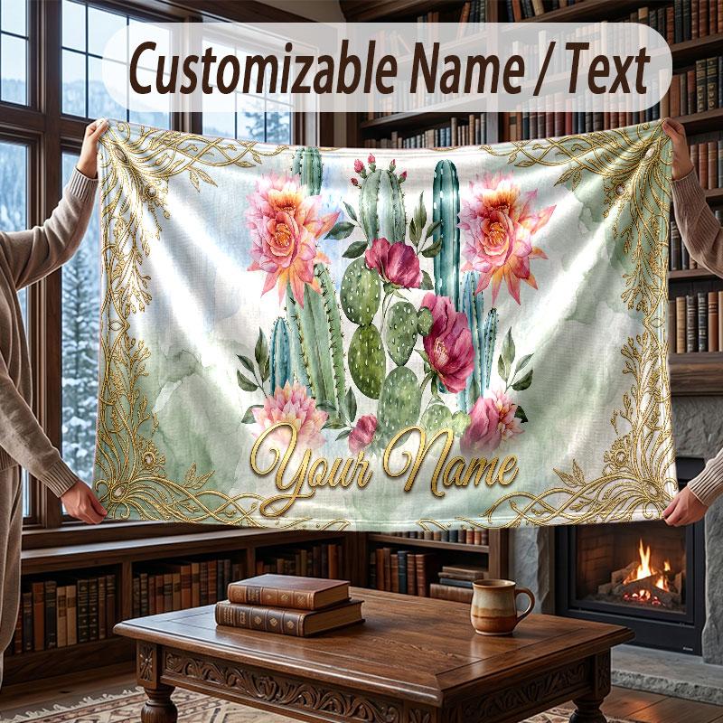 Floral Garden Theme Throw Blanket Custom Name Text Personalized Blanket Soft Cozy Blanket for Home Sofa Bed