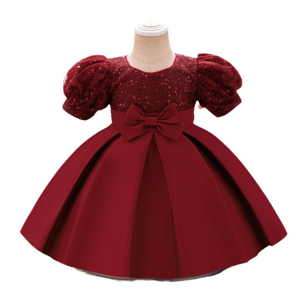 New European & American 1-Year-Old Girls' Bow Princess Dress with Puff Sleeves & Sequined Skirt