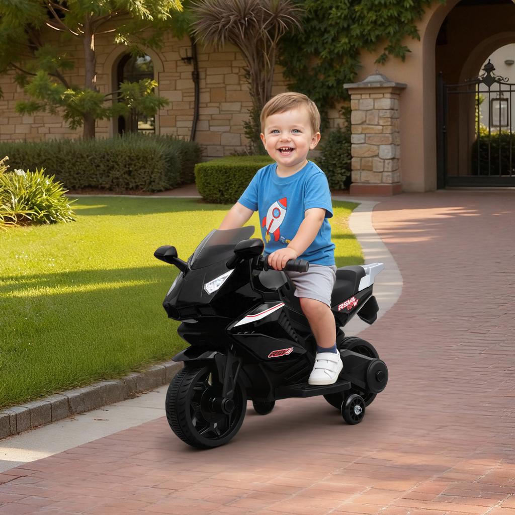 Children's Electric Motorcycle, 6V Battery-powered Motorcycle with Light and Sound Effects, Training Wheels, 75x36x49cm, Black