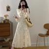 French Elegant Long Sleeve Dress With Knit Fabric And Ruffle Details For Spring Fashion
