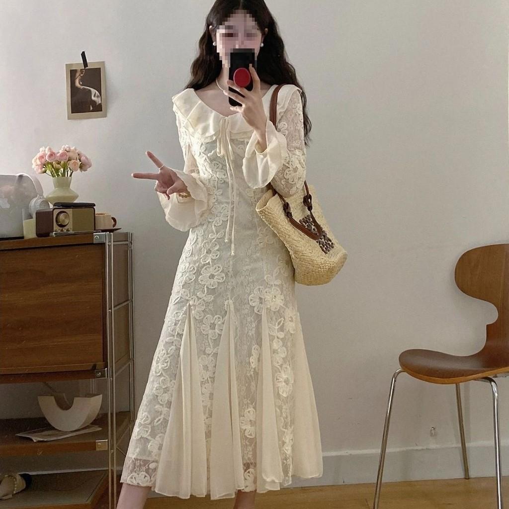 French Elegant Long Sleeve Dress With Knit Fabric And Ruffle Details For Spring Fashion