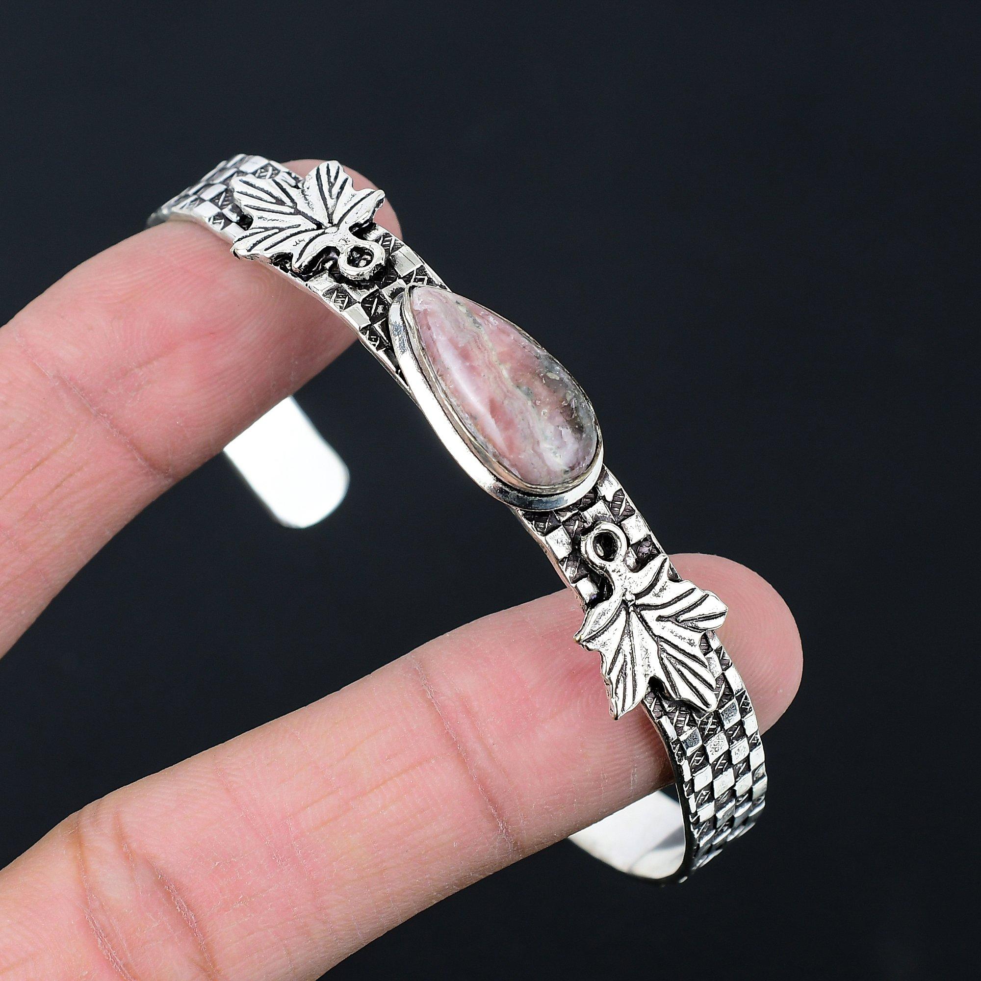 

Daughters Day Sale Rhodochrosite Stone 925 Sterling Silver Leaf Mother Bangle Adjustable