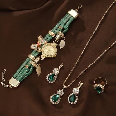 Women Retro Quartz Watch Rhinestone Jewelry Bracelet Earrings Ring Analog Wristwatch