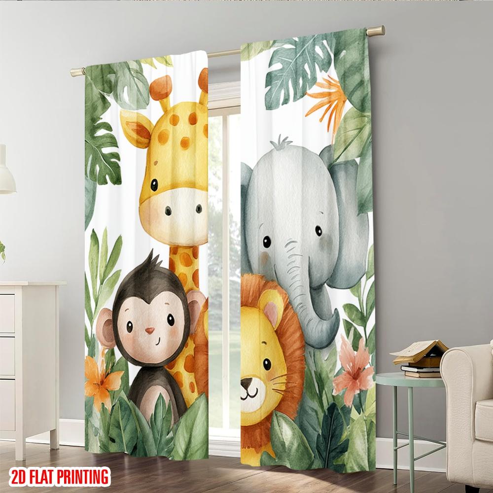 Set Of 2 Flat Printing Window Drapes Cute Safari Animals Watercolor Polyester Without Electricity Family Party Use Living Curtain