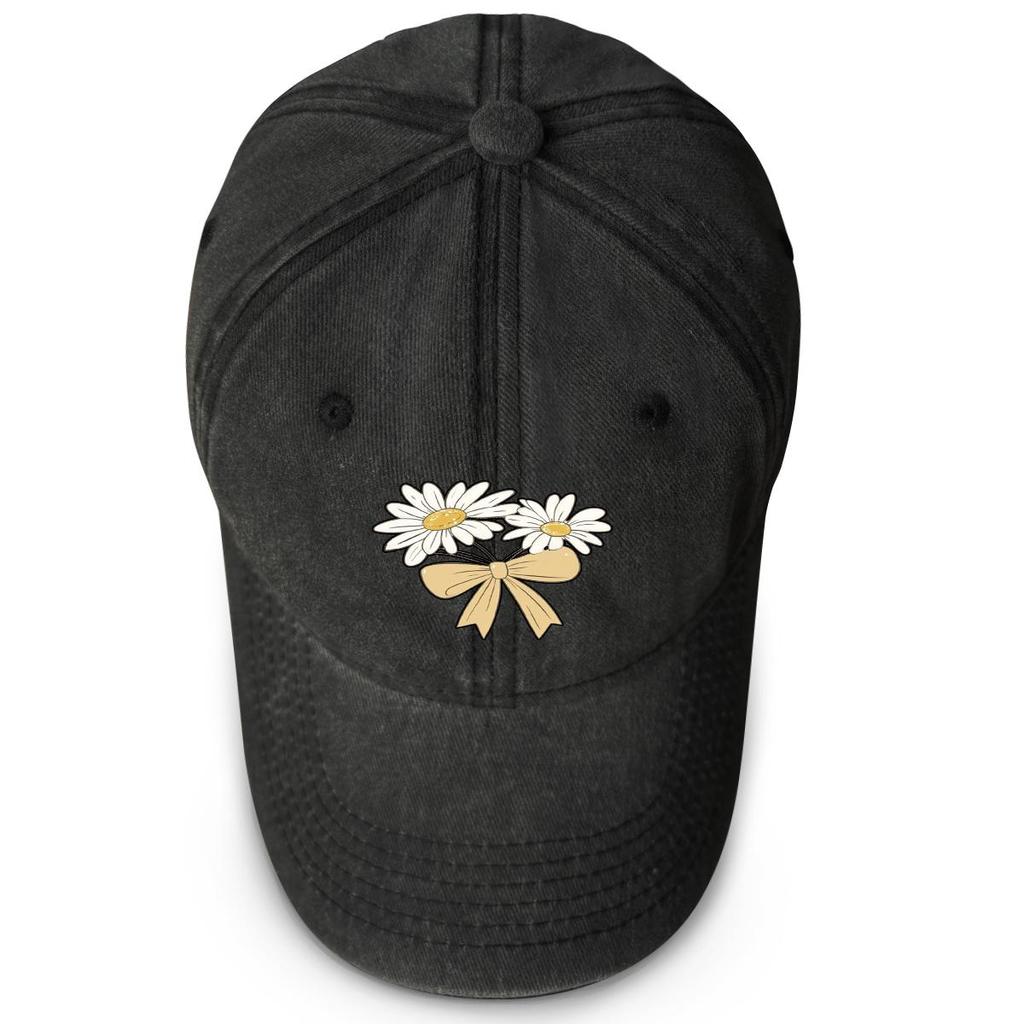 Daisy Bowknot Print Snapback Baseball Hat, Flower Trucker Hat Sun Protective Solid Vintage Casual Adjustable Baseball Cap
