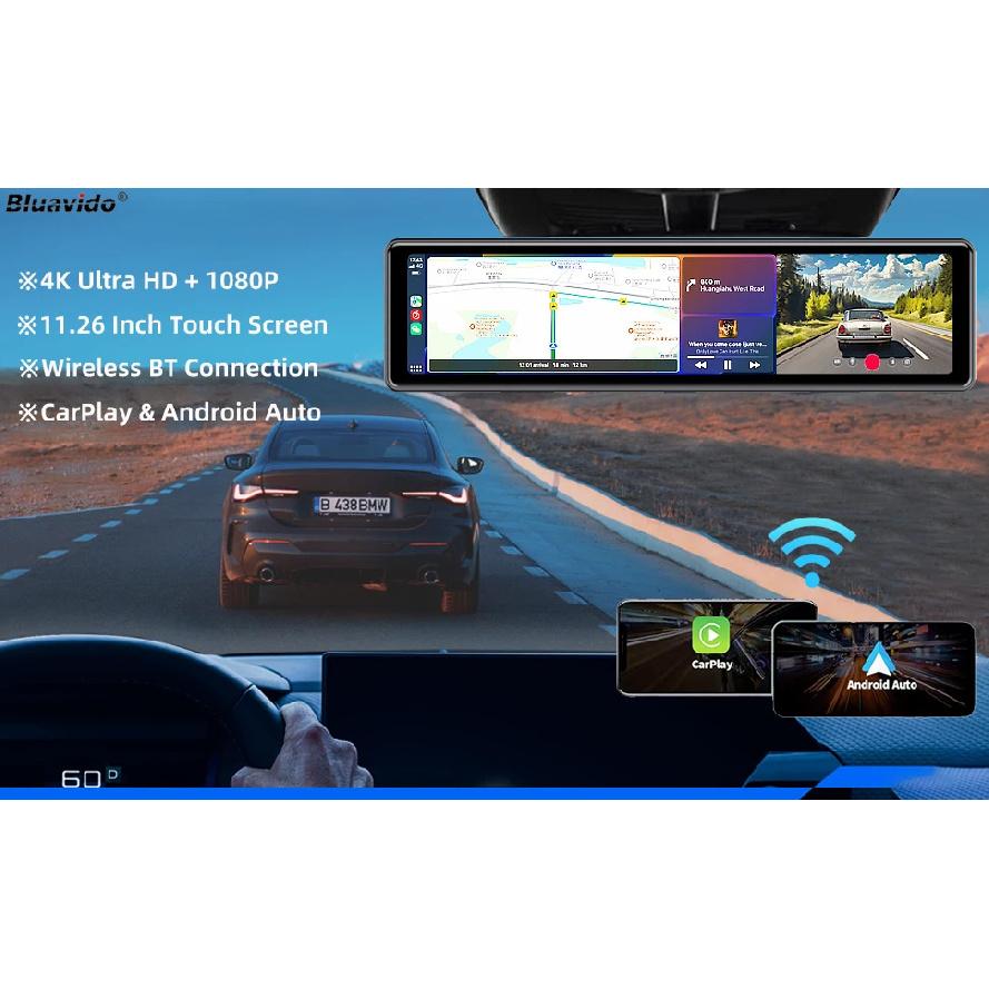 4K UHD 11.26 Inch 3 Channel Dash Cam GPS with Wireless Apple Carplay & Android Auto Voice Control Backup Camera IR Night Vision
