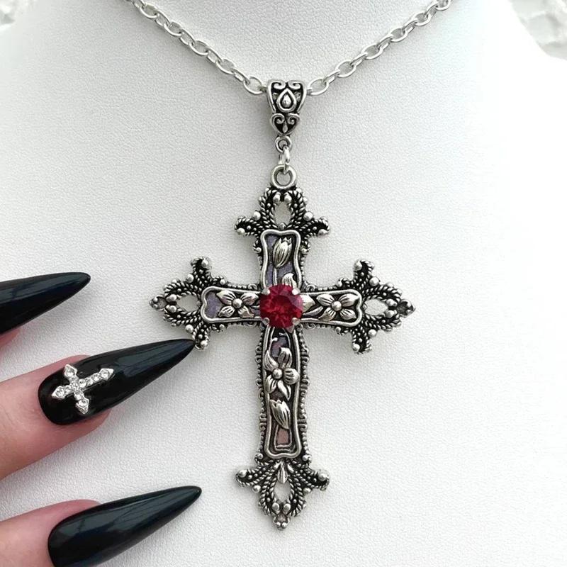 Náhrdelníky s přívěskem Y2K Punk Crystal Big Cross pro ženy Muži Gotický nepravidelný kříž s klíční kostí Řetízkové náhrdelníky Estetické šperky