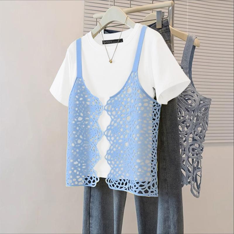 

ZANZEA Женские повседневные футболки с круглым вырезом, летние, с коротким рукавом, с вязаным крючком пэчворком S синий