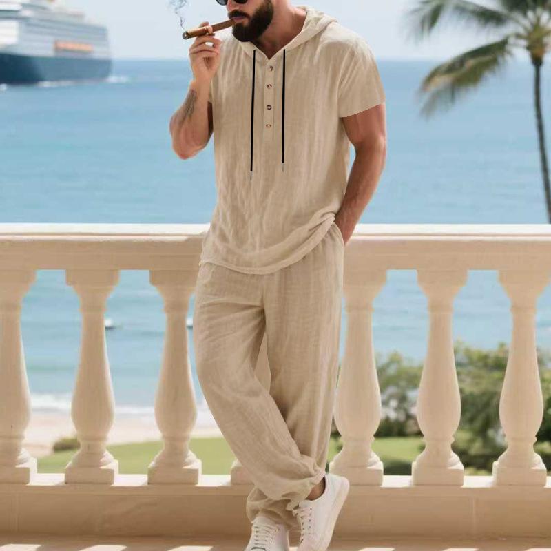 Men'S Casual Linen Hooded Shirt and Pants Set | Short Sleeve, Drawstring Waist, Non-Stretch, Solid White, Vacation Homewear with Woven Texture