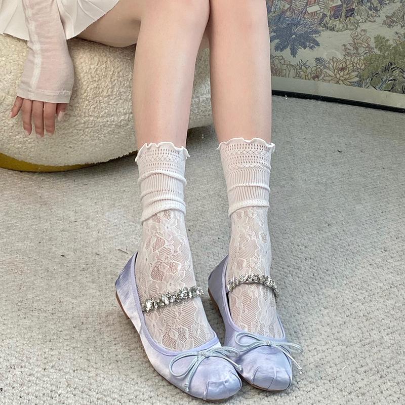 

Japanese Style Black Fungus Edge Hollowed Out Lace Pile Socks Summer Thin Women s Breathable Design Mid Calf Socks Lace Socks One Size