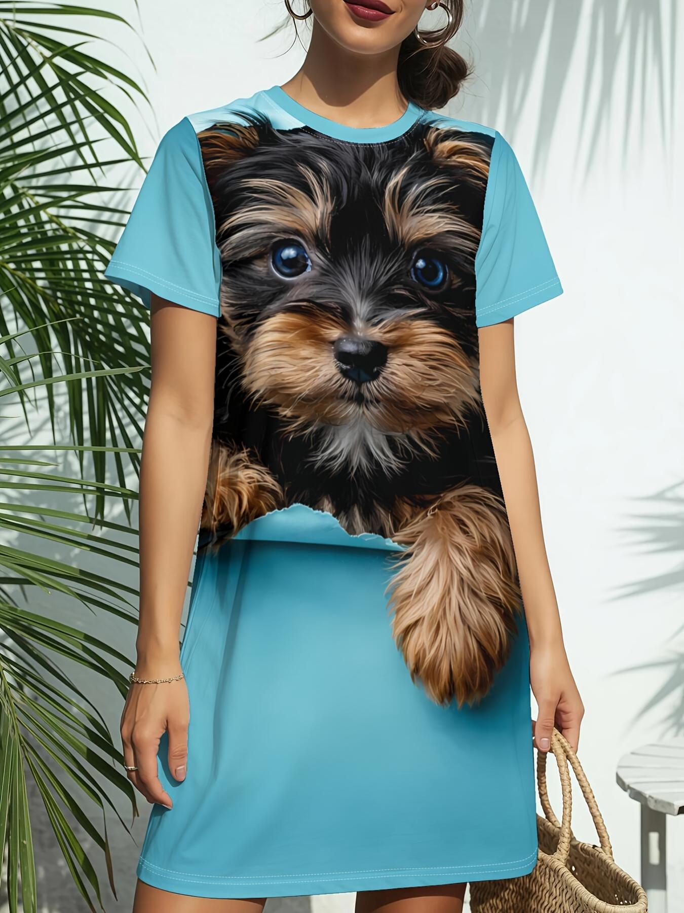 Yorkie PuppyNew Women s Round Neck Short Sleeve T-Shirt Dress. American Style Trend Digital Printing. Casual and Versatile for Spring and Summer. Eleg XS дубильная кора