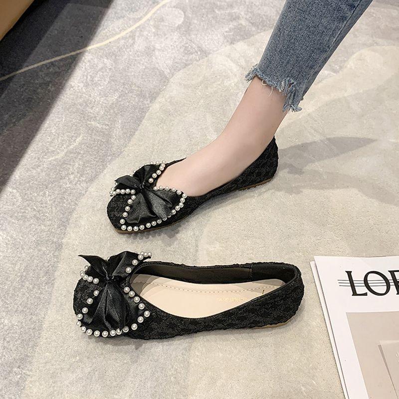 Square Toe Ladies Footwear Pearl With Bow Slip-on Women's Flat Shoes Spring Comfortable Elegant High Quality Fashion Shoe Sale