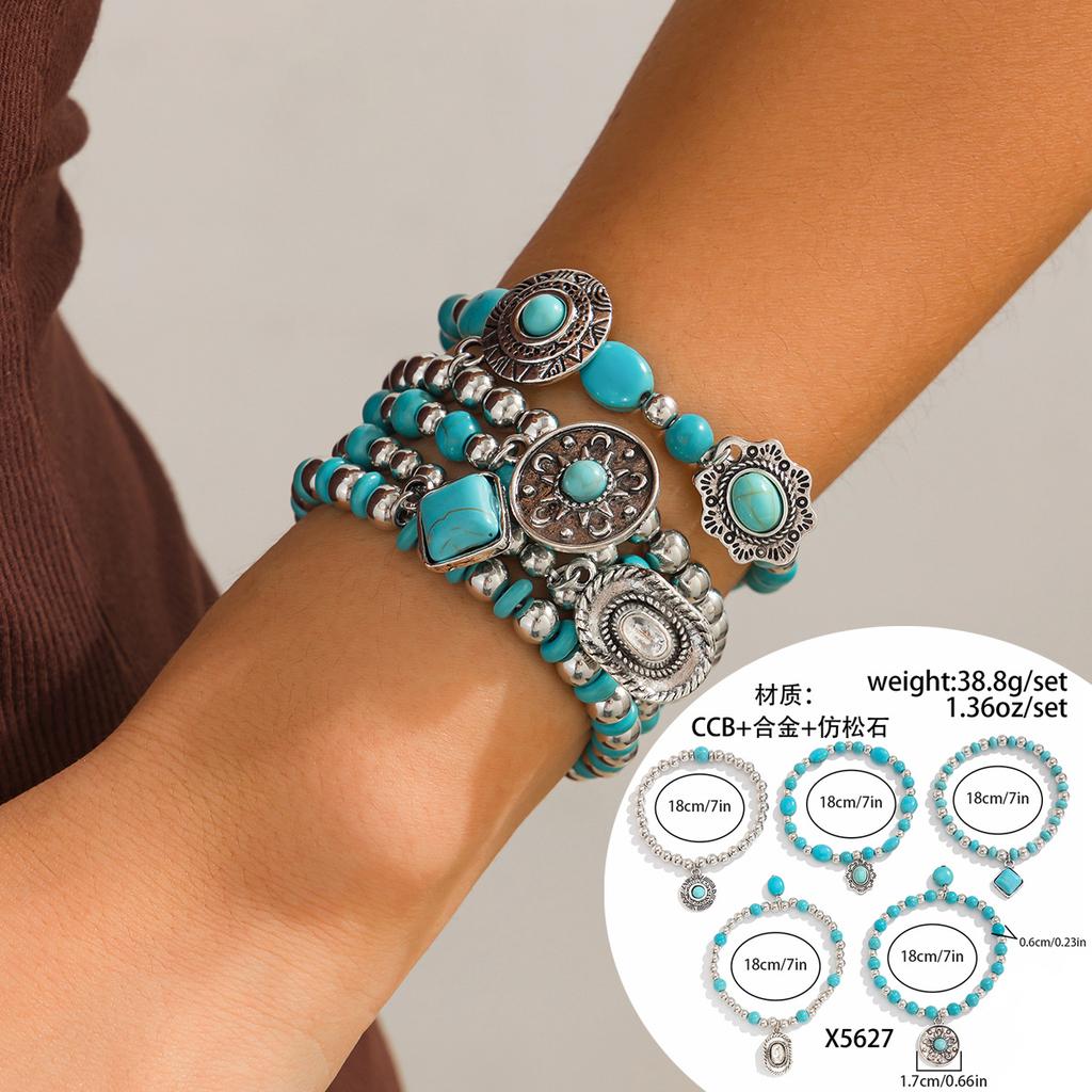 Bracelet Élastique Perles Turquoise Tête de Vache Style Ethnique Rétro Bracelet Personnalisé Maillard Perles Rondes Porté en Accumulation Bijoux