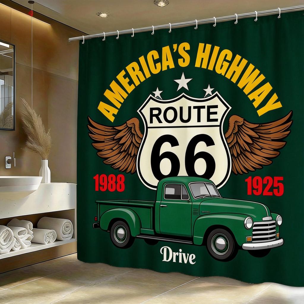 Route 66 Motorcycle Shower Curtain Retro American Highway Design With Chrome Bike And Wings Shower Curtain With Hook