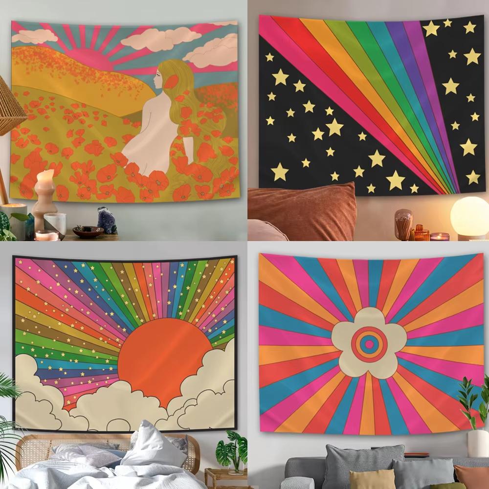 Boho Sun Moon Phase Rainbow Wall Tapestry Bedroom Decor Bedspread Throw Cover Bohemian Style Bedding Decor