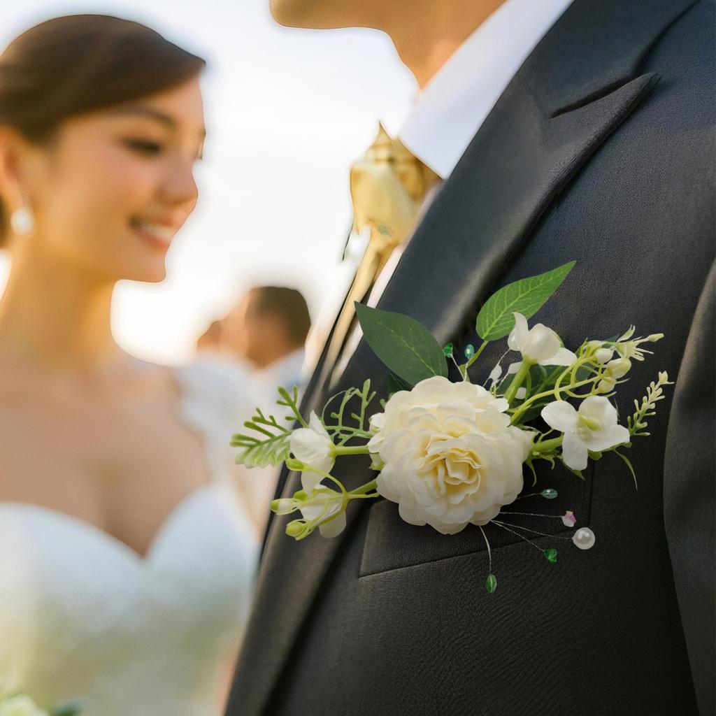 Uflower White Green Groom Groomsmen Boutonniere Set, Artificial Flowers for Wedding Prom Homecoming Anniversary Graduation