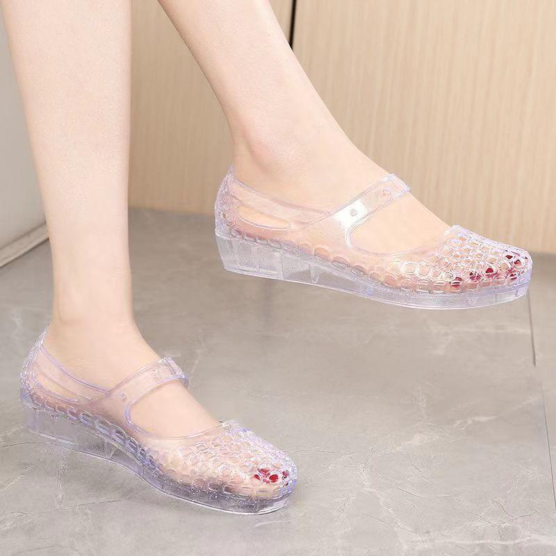 Neue Sommer Damen Baotou Ausgeschnittene Keilsandalen Strand Sandalen Weiche Sohle Rutschfest Transparente Kristall Sandalen Mutti Sandalen