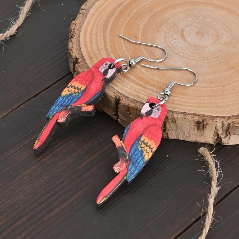2D Flacher Roter Papagei Kreative Holzohrringe Leichte Hängeohrringe für Frauen