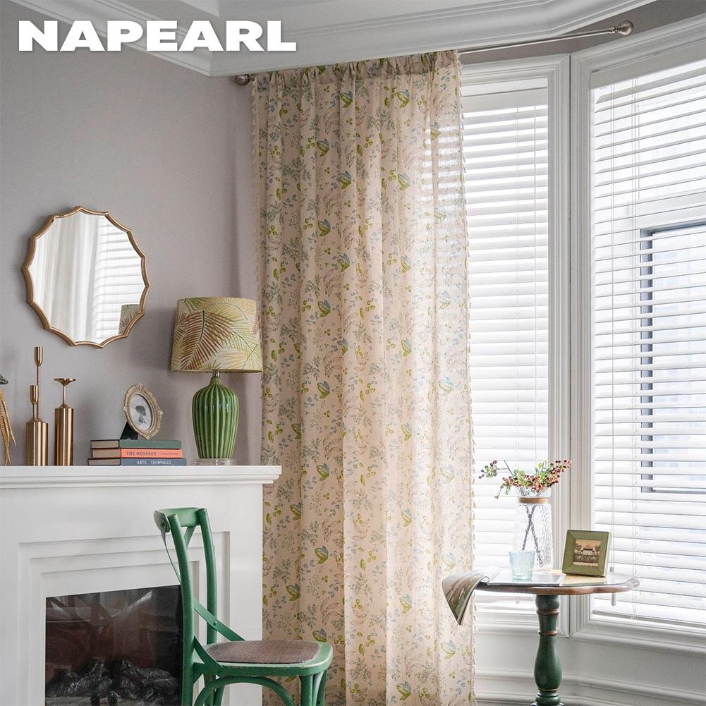 1 stk NAPEARL Bomull og Lin Trykte Beige Dusker Halvmørkleggende Gardiner for Små Vinduer Balkong Hjemmedekor
