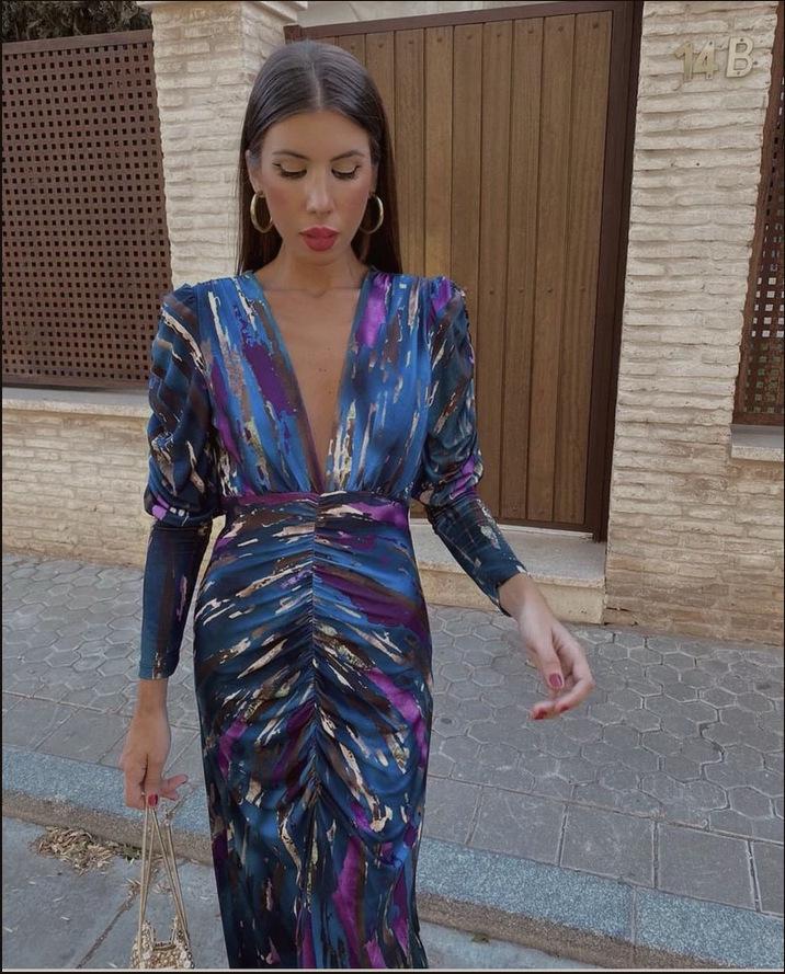 2025 Spring European & American Women's V-neck Print Pleated Dress