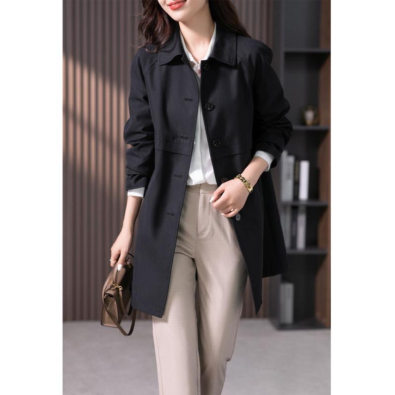 Women's Solid Color Lapel Single Breasted Straight Trench Coat Mid Length Casual Outerwear Jacket