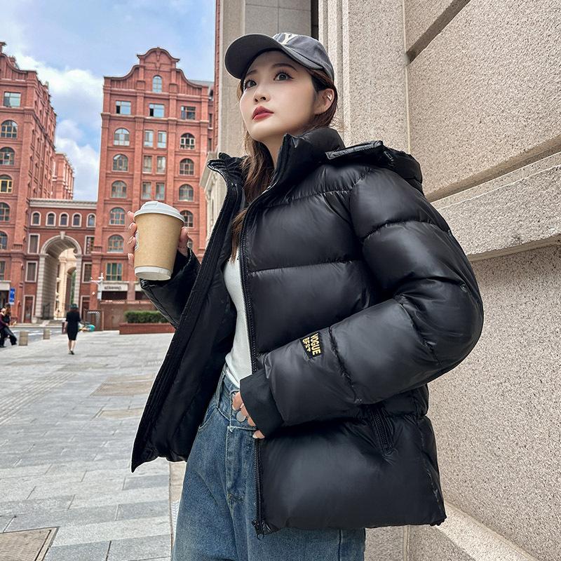 Women's Autumn and Winter Black and Gold Hooded Thickened Loose Warm Short Down Cotton Clothes Women's Bright Bread Clothes Jacket