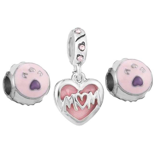 3pcs /Lot Pink Love Heart Beads Enamel Mom Pendant Fit Diy Brand Charm Bracelets Necklaces For Women Mother Jewelry Making