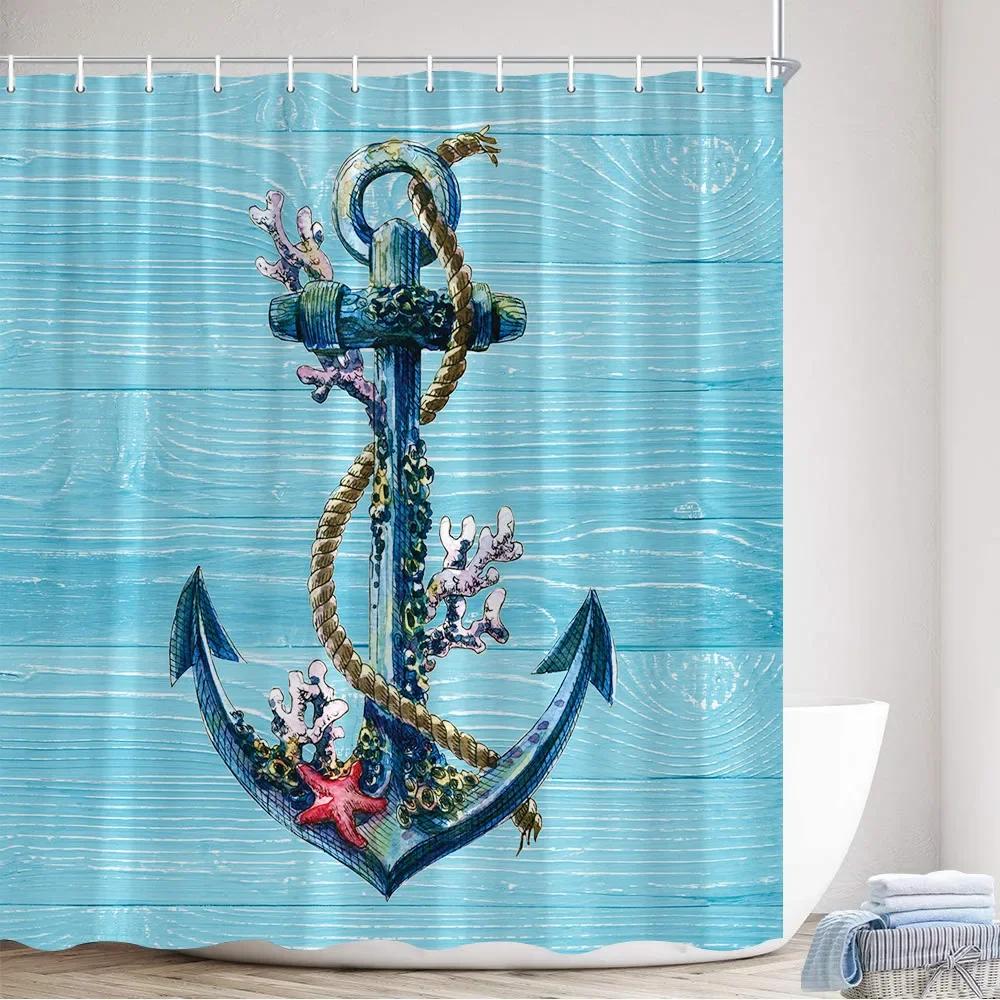 Dusk Sea Wave Beach Shower Curtains Creative Splicing Starfish Sailboat Blue Wooden Board Landscape Home Decor Bathroom Curtain