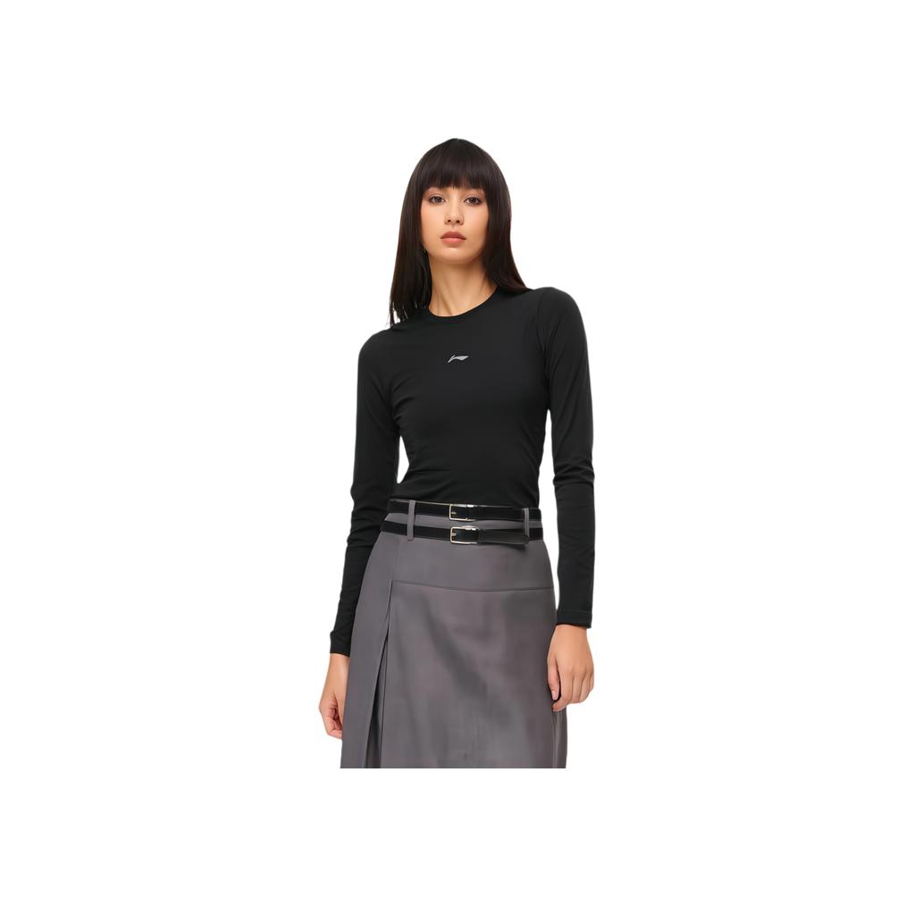 Li-Ning Running Series Solid Color Round Neck Slim-Fit Long Sleeve T-Shirt Women Tops Black ATLT082-1