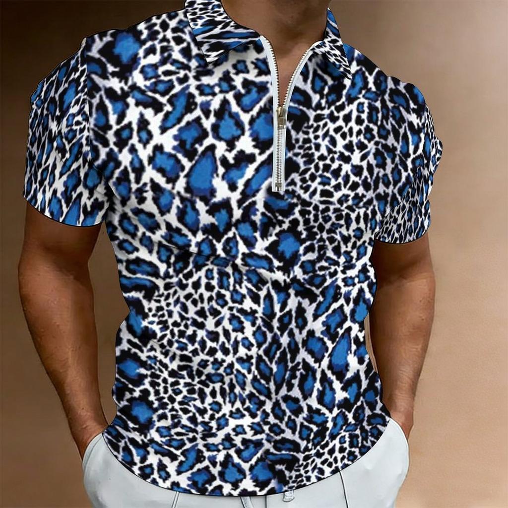 Women Short Sleeve Polo Shirt Black Neon Green Blue Purple Gradient Leopard Spot Half Zip Lapel Top