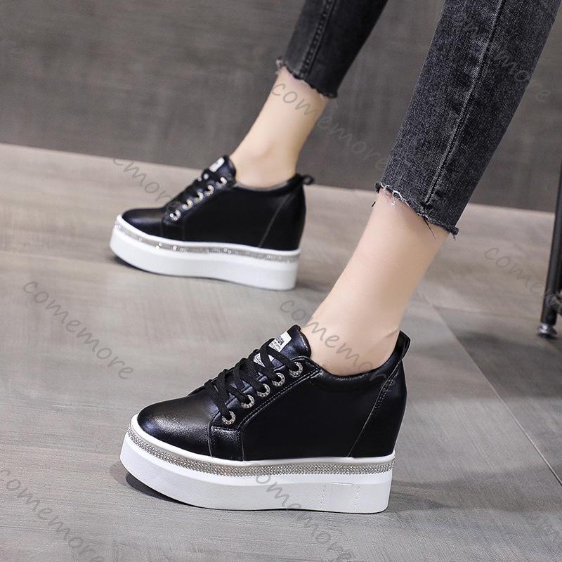 Comemore Internal High Vulcanised Shoes Women Spring Autumn Thick Bottom Casual Single Shoes Lace Up Black White Sneakers Women