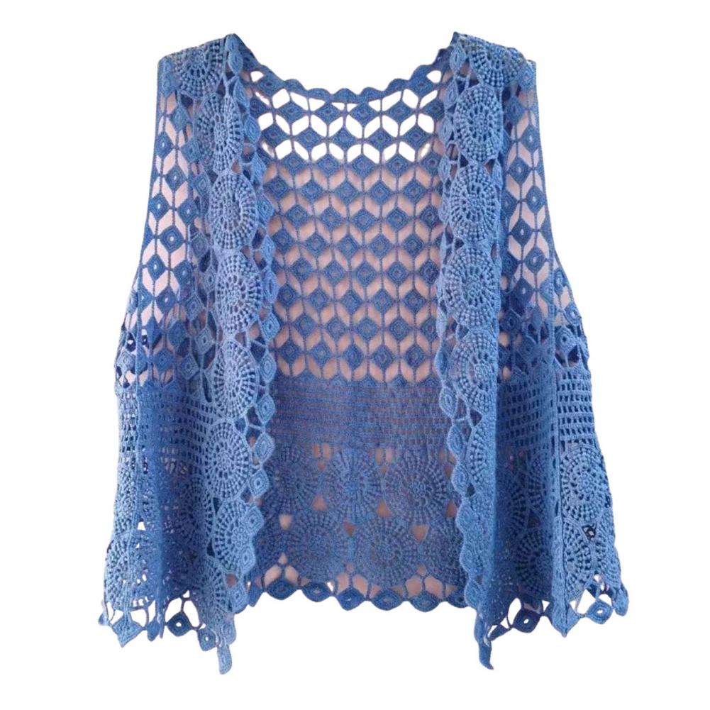 Dámská vesta, stylový dámský háčkovaný kardigan bez rukávů, lehký letní kardigan s otevřeným stehem, retro pletený kabát pro denní nošení